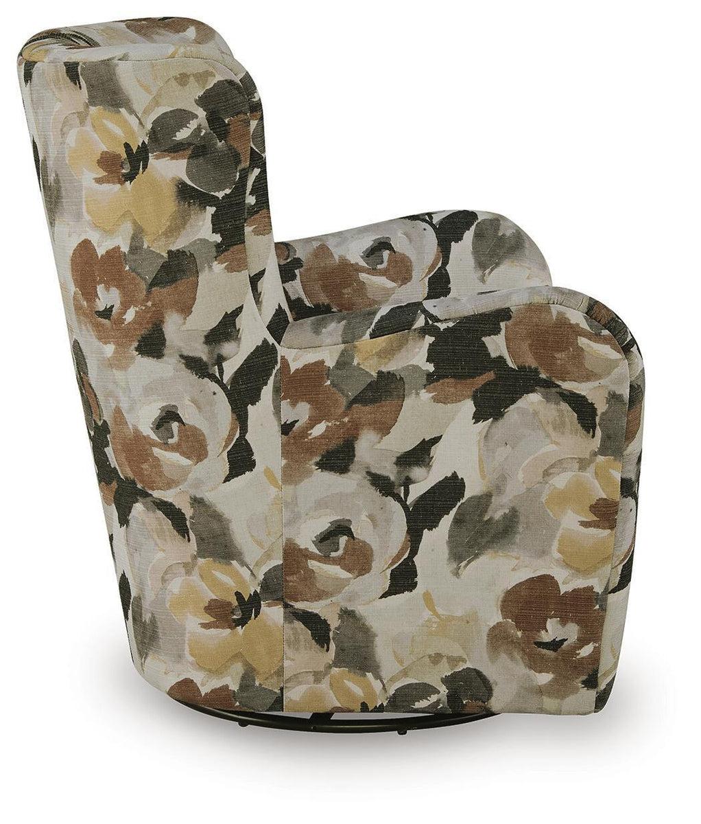 Beige floral swivel accent chair with brown and black pattern, tall back, padded arms, black base.