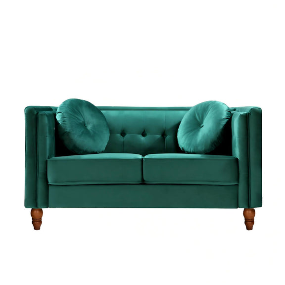 Teal 2-seater velvet loveseat with tufted back and round accent pillows