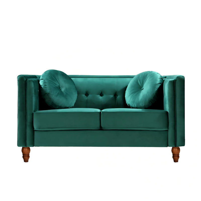 Teal 2-seater velvet loveseat with tufted back and round accent pillows