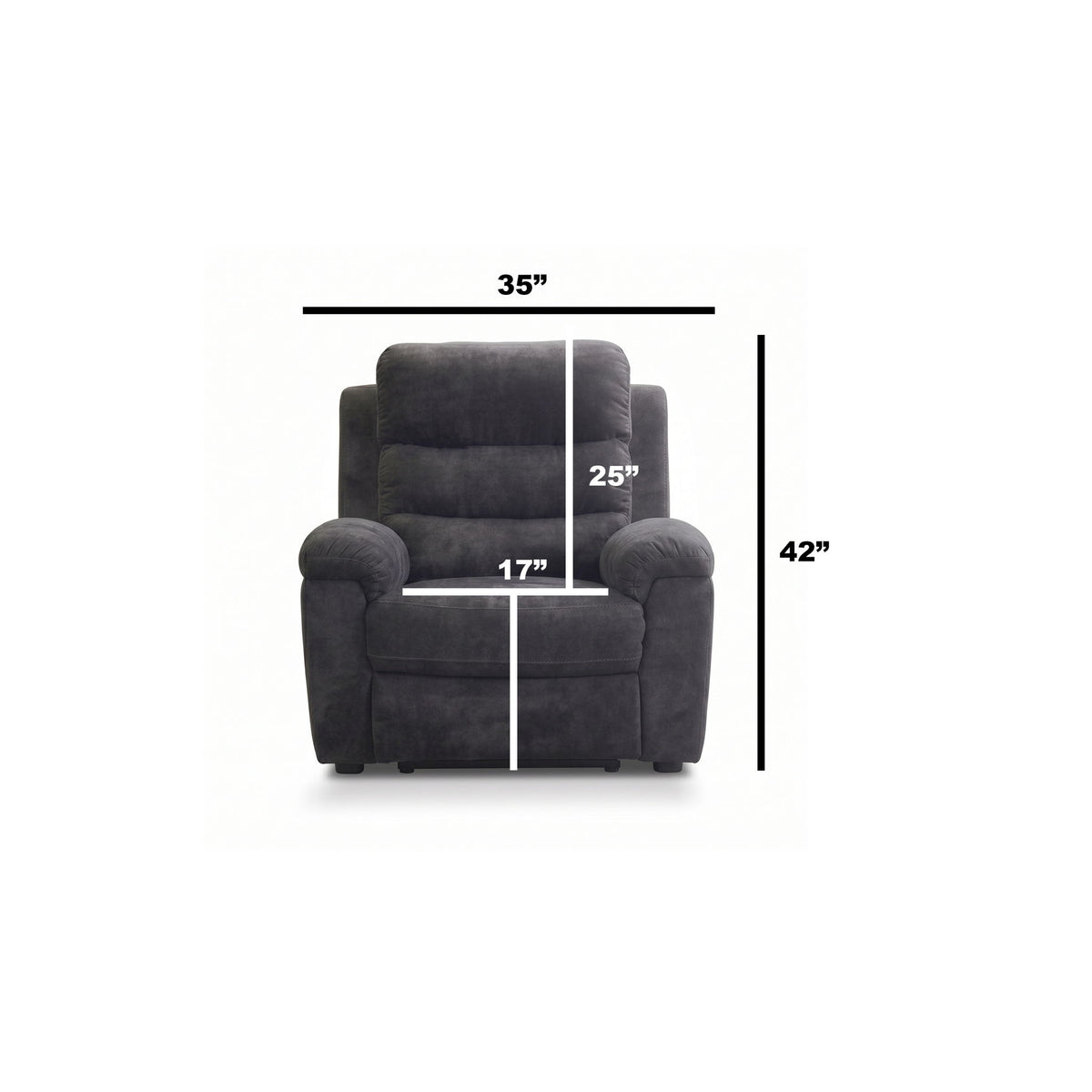 Dark gray recliner chair front view with rounded armrests and padded footrest