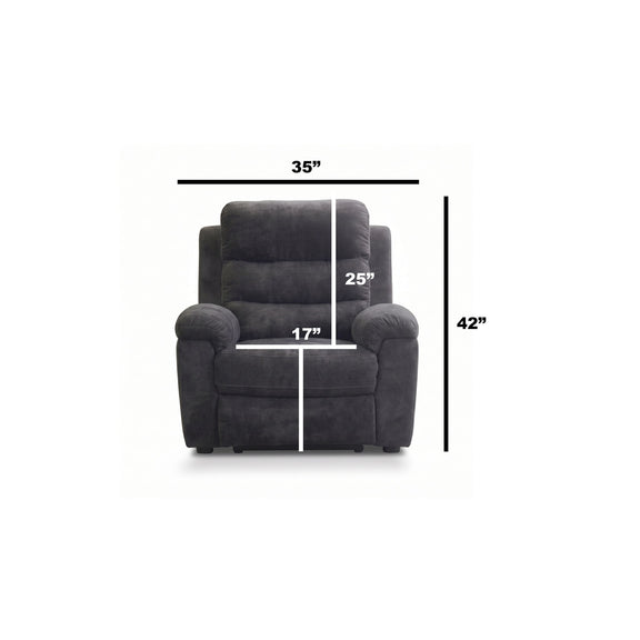 Dark gray recliner chair front view with rounded armrests and padded footrest
