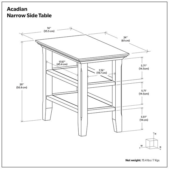 Narrow side table dimensions drawing with height, width, and depth measurements