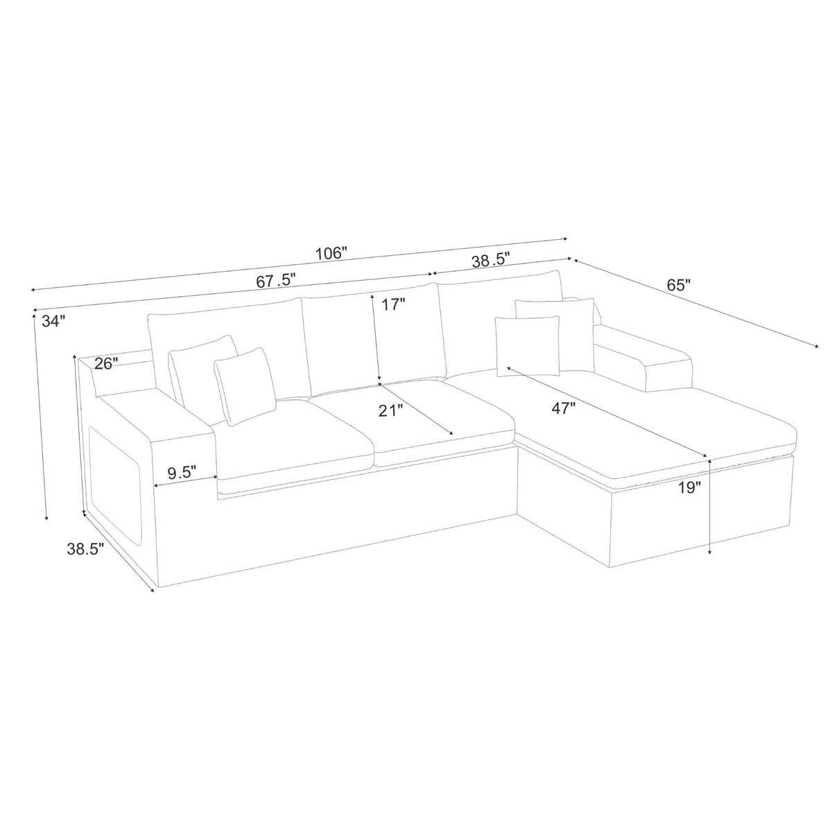 U-shaped sectional sofa size diagram with labeled measurements and seat layout