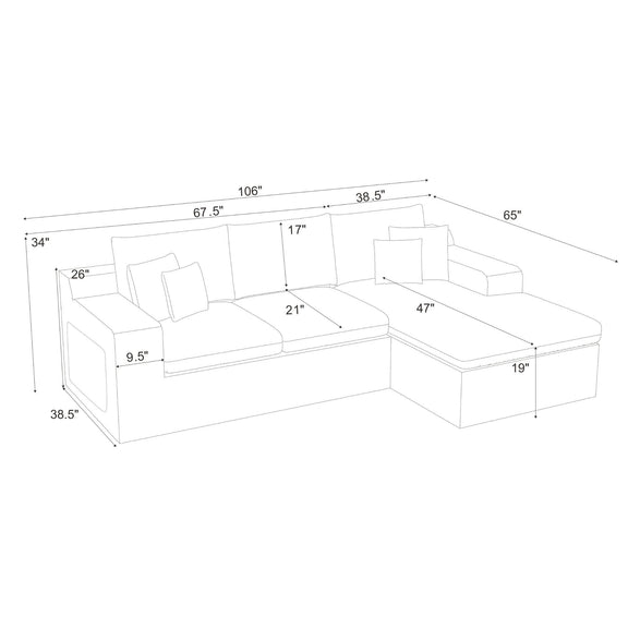 U-shaped sectional sofa size diagram with labeled measurements and seat layout