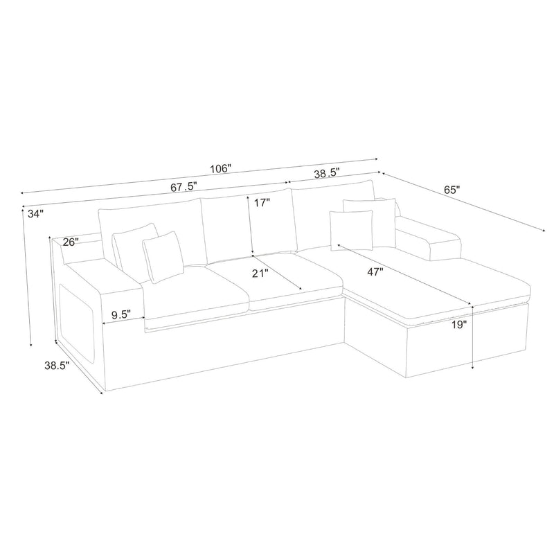 U-shaped sectional sofa size diagram with labeled measurements and seat layout
