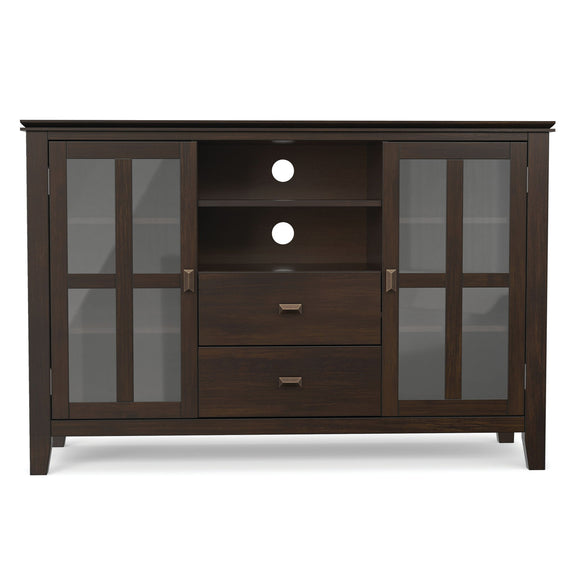 Tall TV media stand with two center drawers and glass-front side cabinets in dark wood