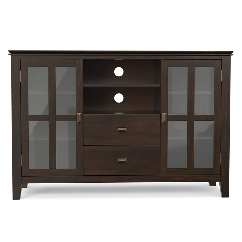 Tall TV media stand with two center drawers and glass-front side cabinets in dark wood