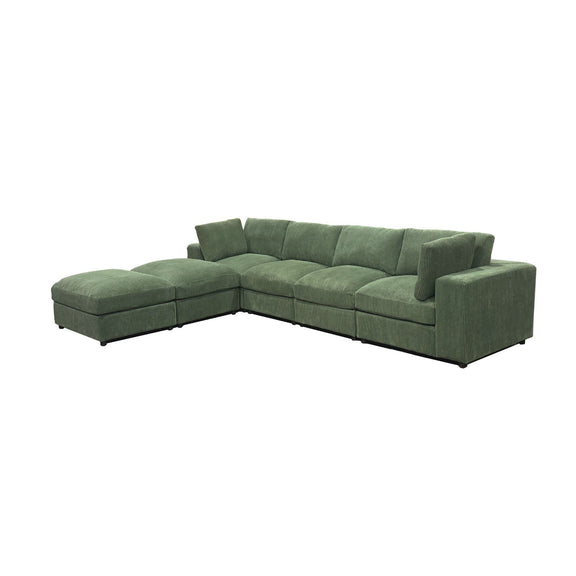 Dark green L-shaped modular sectional sofa with chaise and ottoman-style seats
