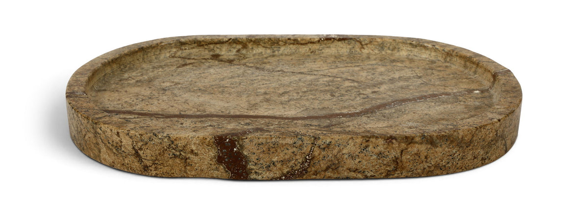 Round marble tray with gray-beige surface and brown streaks, flat top.