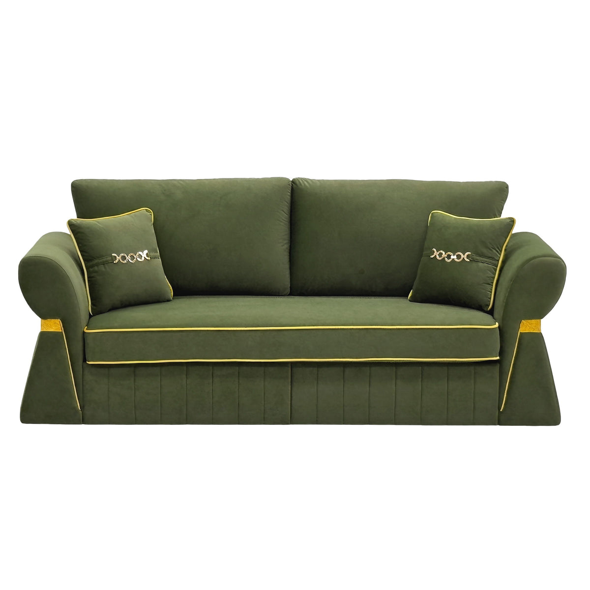 Dark green three-seat sofa with two cushions and gold-tone piping
