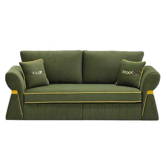 Dark green three-seat sofa with two cushions and gold-tone piping