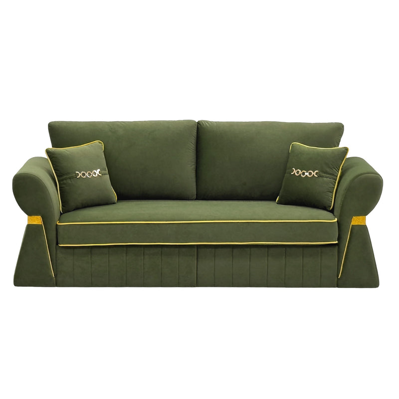 Dark green three-seat sofa with two cushions and gold-tone piping