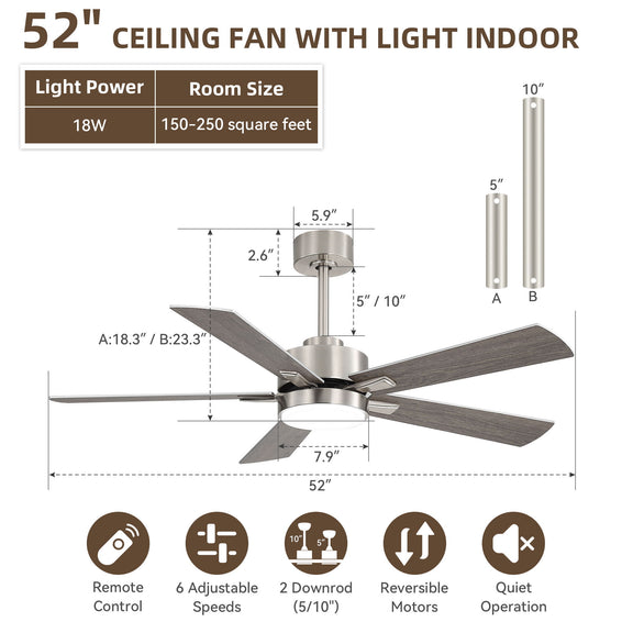 52 in indoor ceiling fan with light; remote control, reversible motor, adjustable speeds