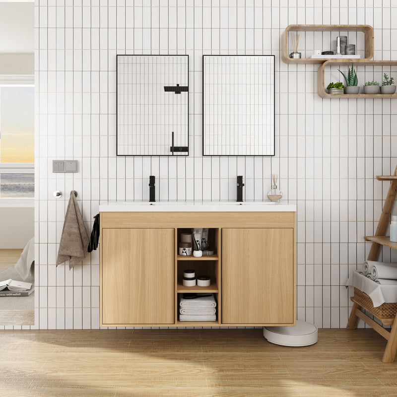 48" Freestanding Bathroom Vanity With Double Sink, 2 Soft Close Doors & 3 Open Shelves - Oak