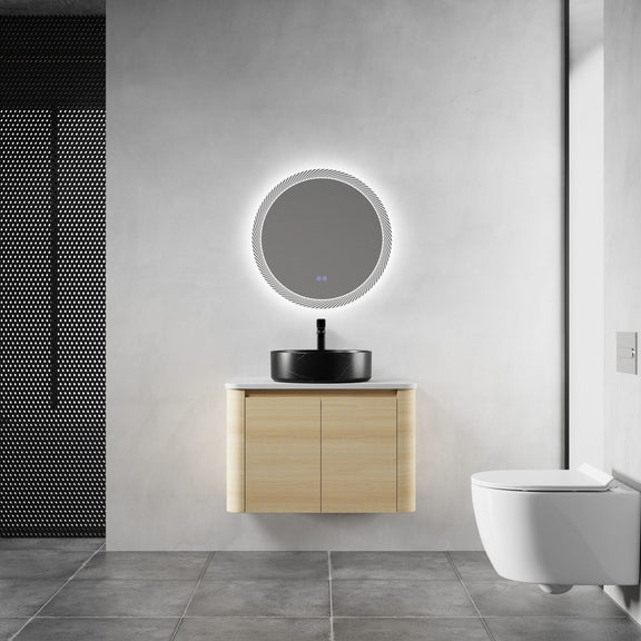 Mounted bathroom vanity with white marble-look art sink and 2 soft-close doors, light wood