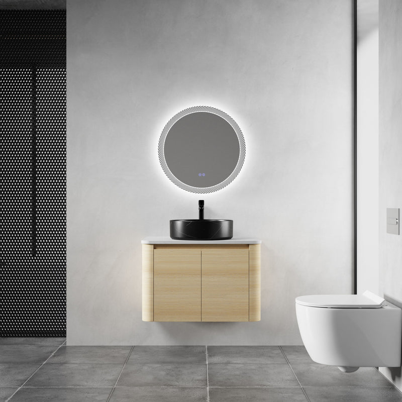 Mounted bathroom vanity with white marble-look art sink and 2 soft-close doors, light wood