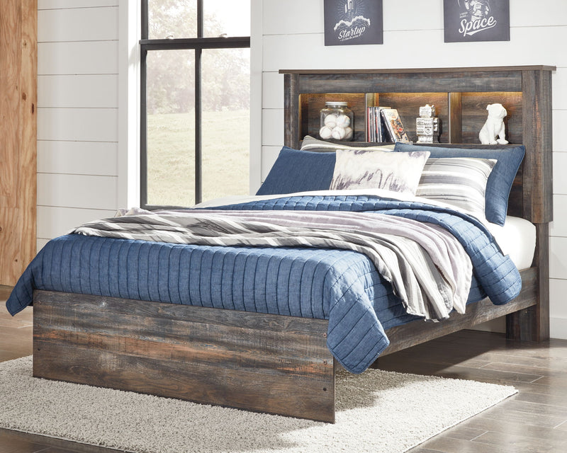 Panel bookcase bed with open-shelf headboard, dark wood frame, blue and white bedding