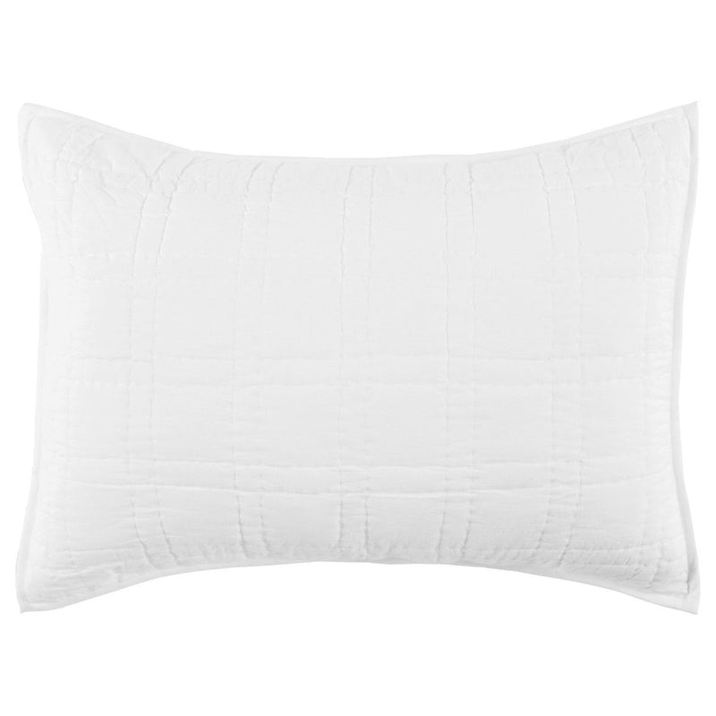 White rectangular quilt pillow with channel quilting and stitched edges