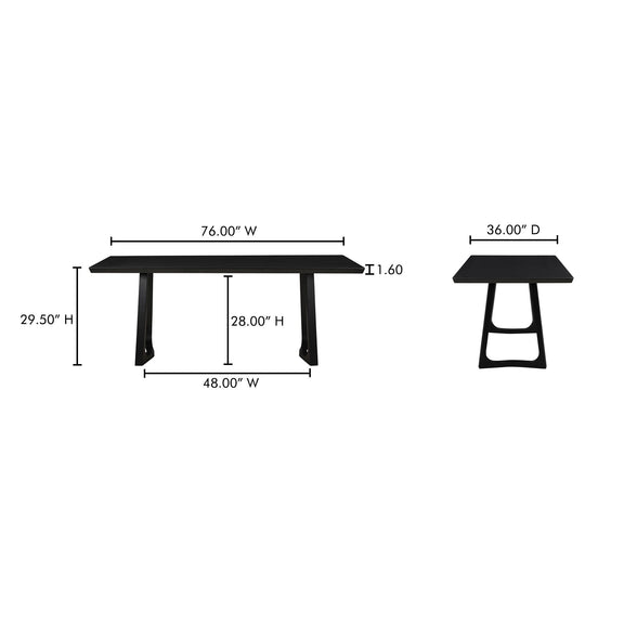 Black ash dining table with rectangular top; side and front view measurements