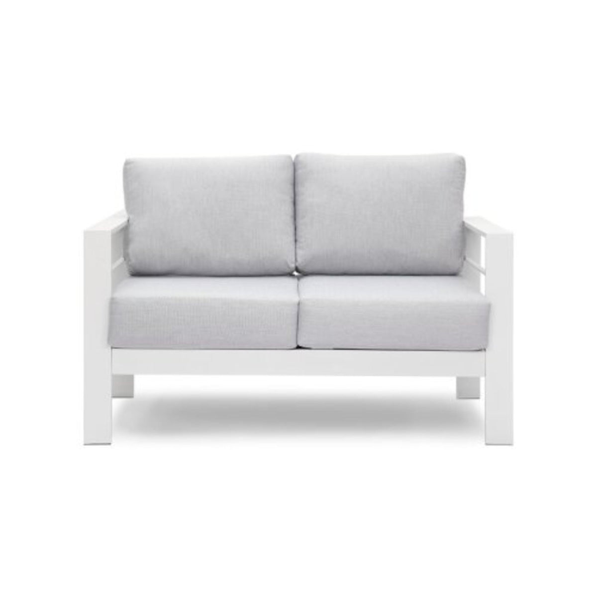White patio loveseat with thick light-gray cushions and two back pillows
