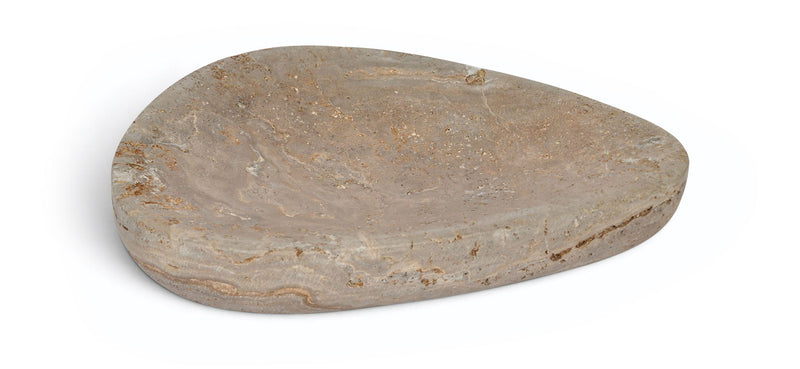 Travertine bowl in gray-beige stone with smooth oval top