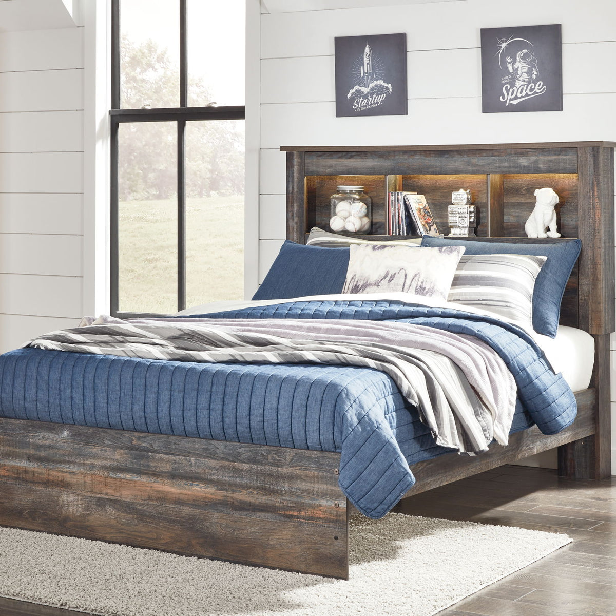 Bookcase-style panel bed with open shelves and two front drawer cabinets, dark wood finish.