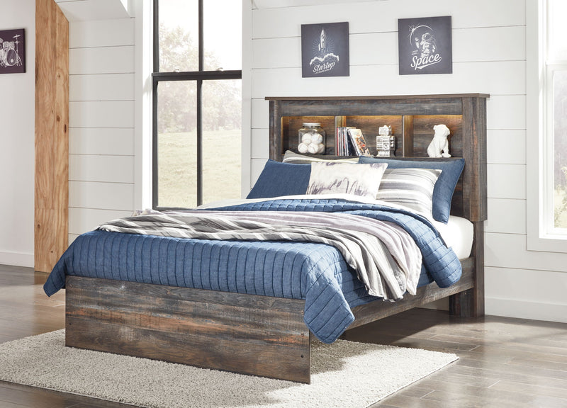 Bookcase-style panel bed with open shelves and two front drawer cabinets, dark wood finish.