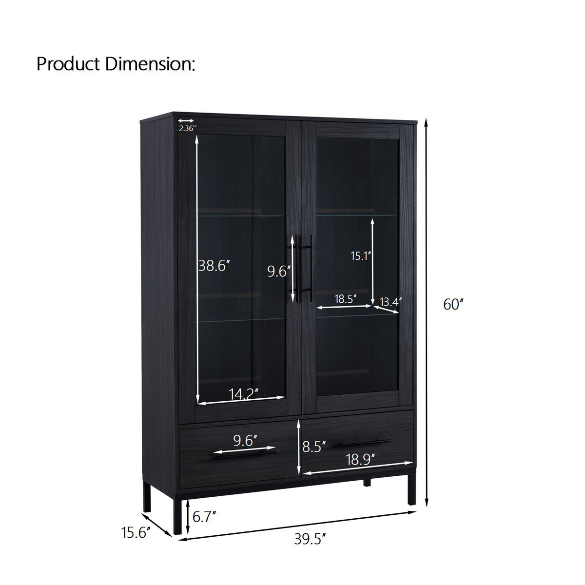 Modern Style Tall Display Cabinet With LED Lighting, Tempered Glass Door, 2 Drawers