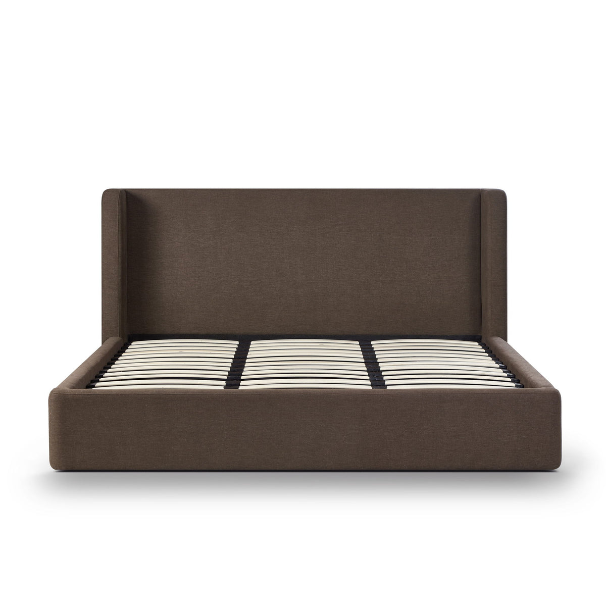 Dark brown upholstered bed frame with slatted mattress and black-and-white striped cover