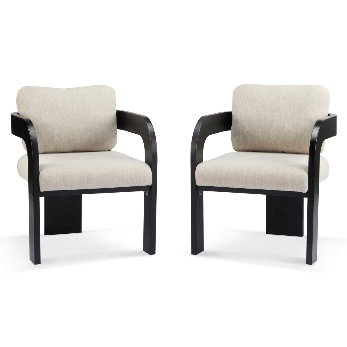 Pair of dining chairs with beige upholstered seats and backs, black frames, and curved armrests