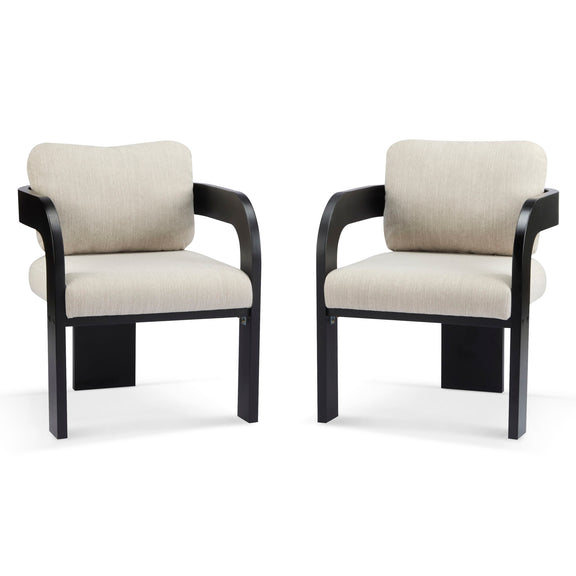 Pair of dining chairs with beige upholstered seats and backs, black frames, and curved armrests