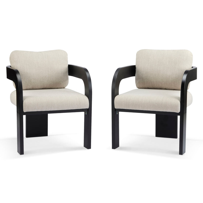 Pair of dining chairs with beige upholstered seats and backs, black frames, and curved armrests