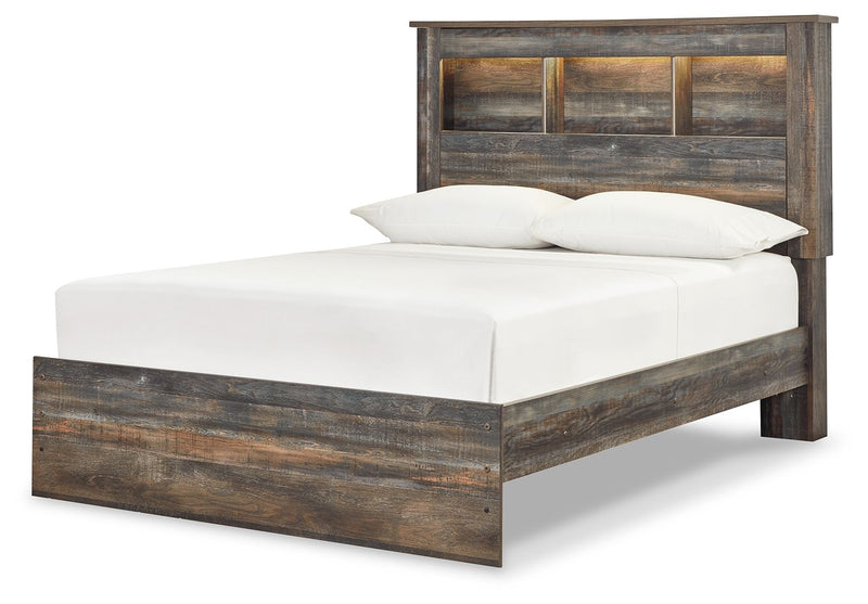 Panel bookcase bed with open-shelf headboard, dark wood frame, white mattress and pillows