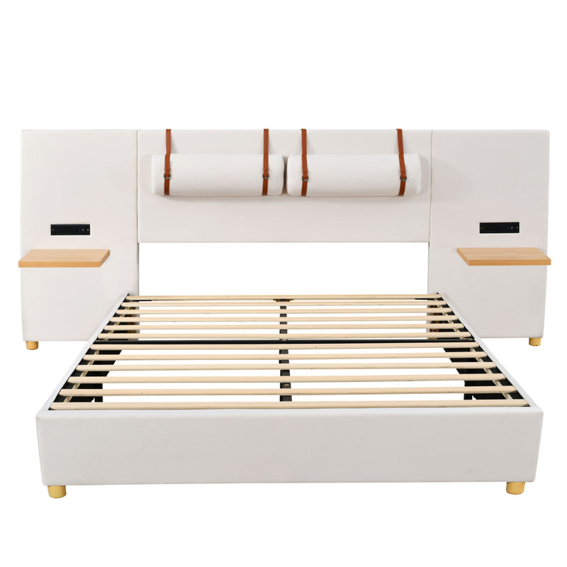 Upholstered Platform Bed, 2 Outlets And USB Charging Ports On Both Sides, 2 Bedside Pillows, Storage Shelves