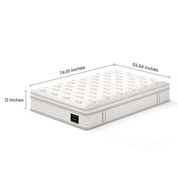 White 12-inch hybrid mattress with padded sides and tufted comfort layer