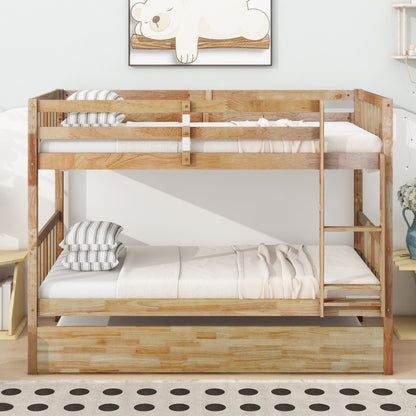 Twin Over Twin Rubber Wood Bunk Bed with Trundle, Convertible into 2 Twin Size Beds, Twin Size Bunk Bed with Ladder and Safety Guardrails, White Oak