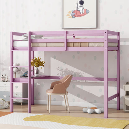 Twin High Loft Bed, Rubber Wood Loft Bed with Safety Guardrail, built-in desk, ladder, Pink