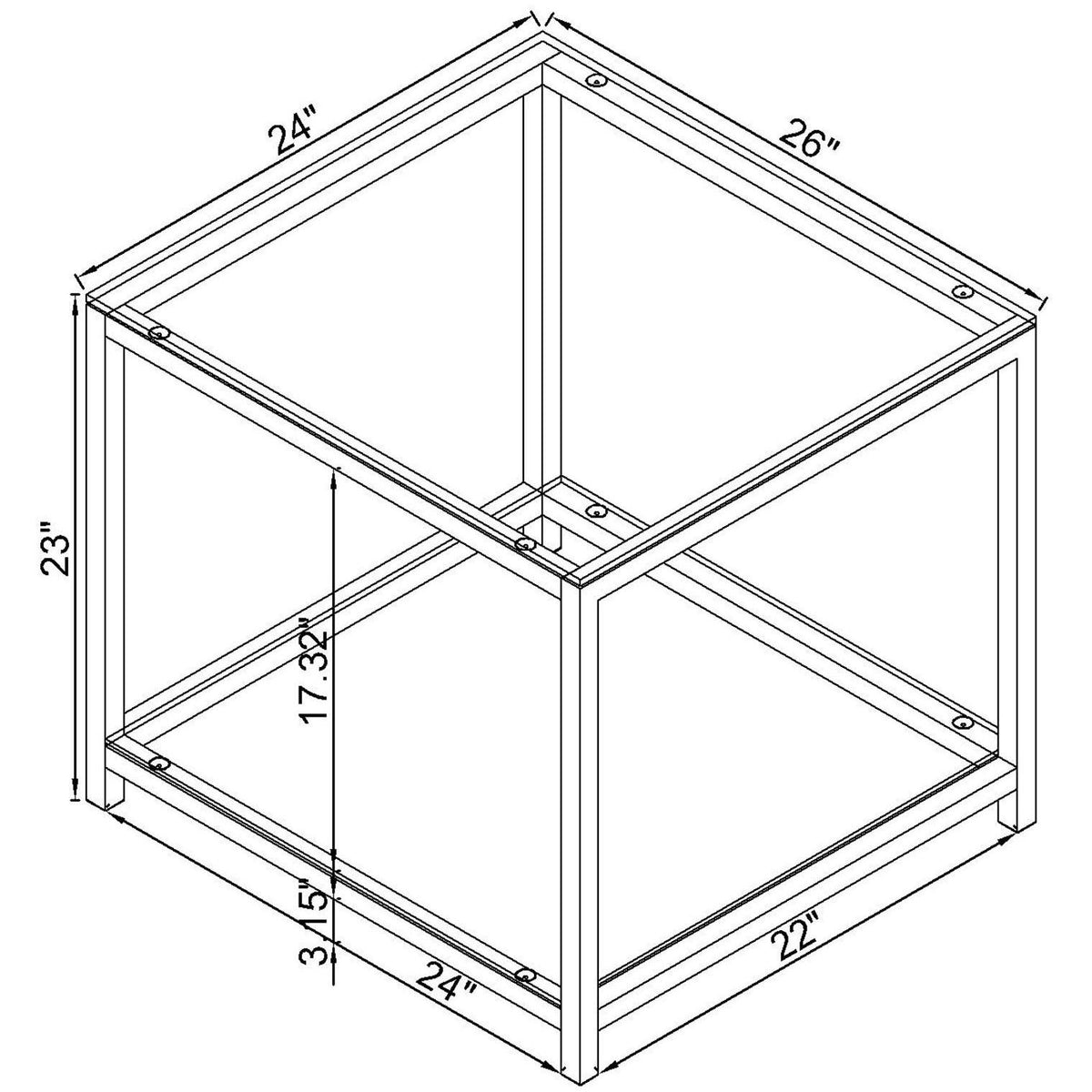Square side end table layout diagram with glass shelves and metal frame dimensions.
