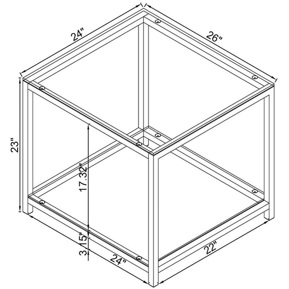 Square side end table layout diagram with glass shelves and metal frame dimensions.