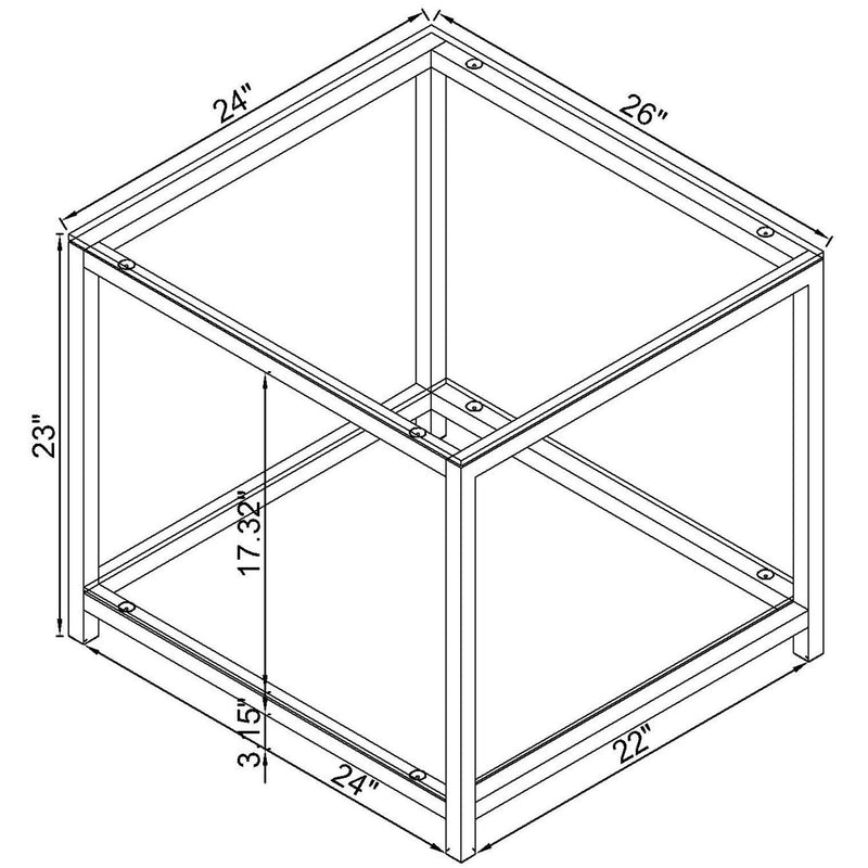 Square side end table layout diagram with glass shelves and metal frame dimensions.