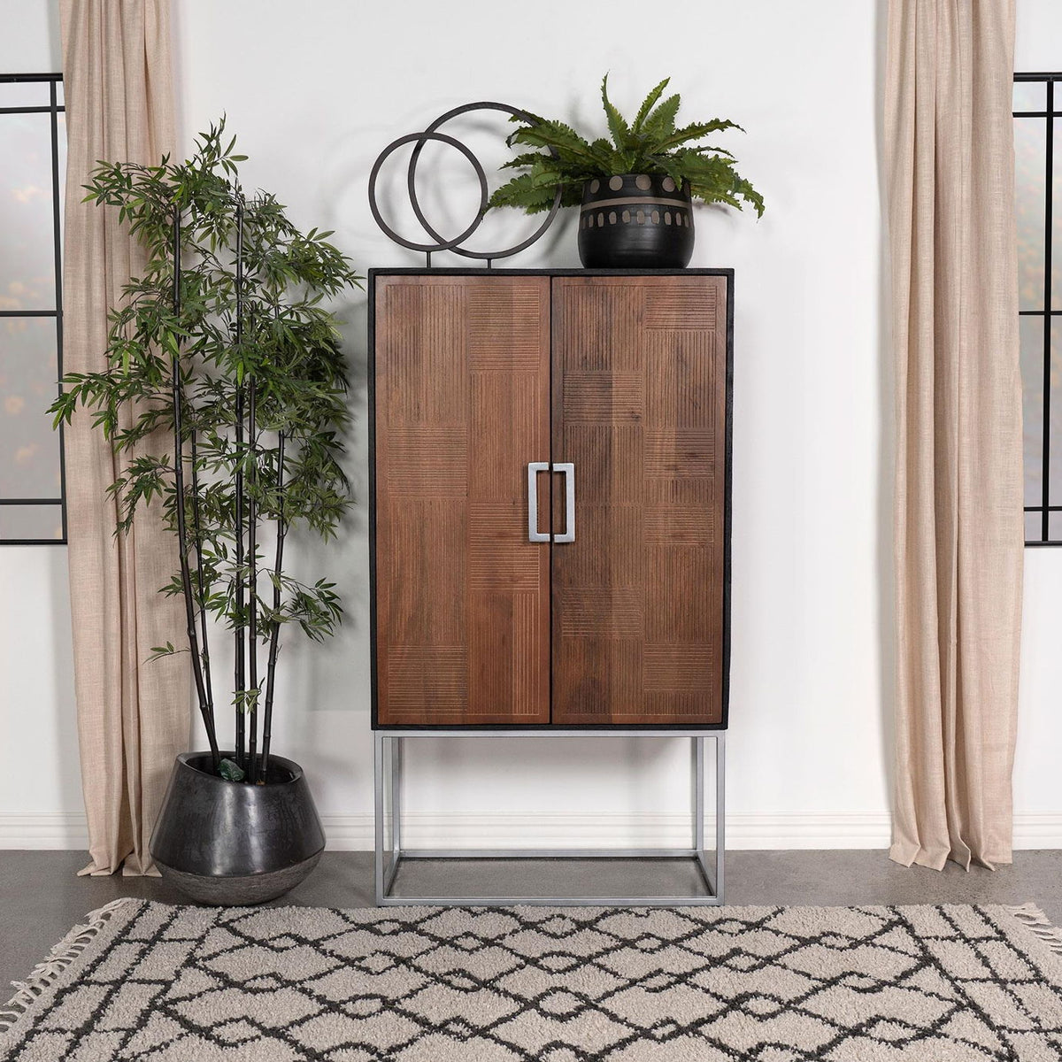 Borman 2-door Home Bar Cabinet Wine Storage Walnut and Black