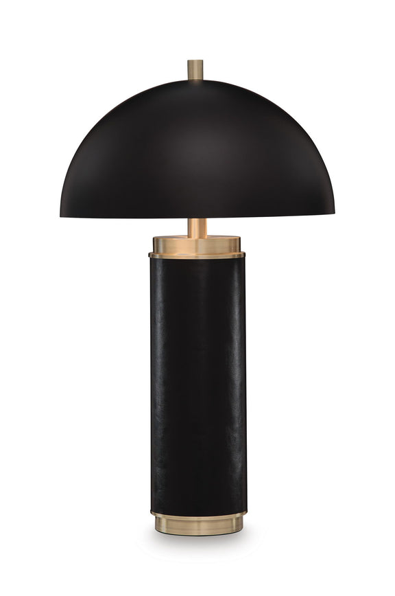 Black metal table lamp with dome shade and gold collar base