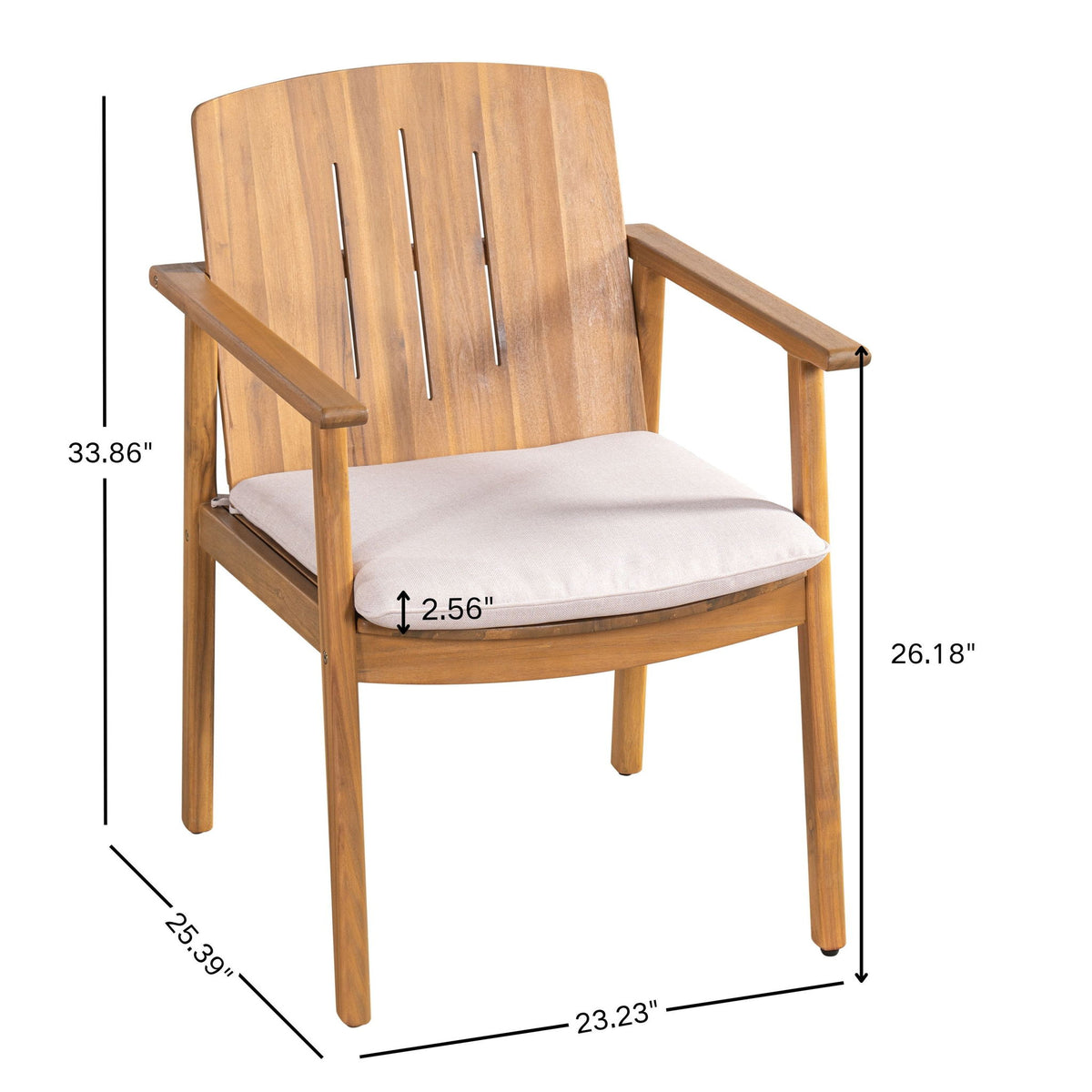 Teak outdoor armchair with white cushion and slatted back, shown with measurements