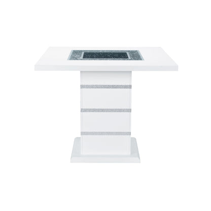 White bar table with striped open-frame base and built-in stone-look top