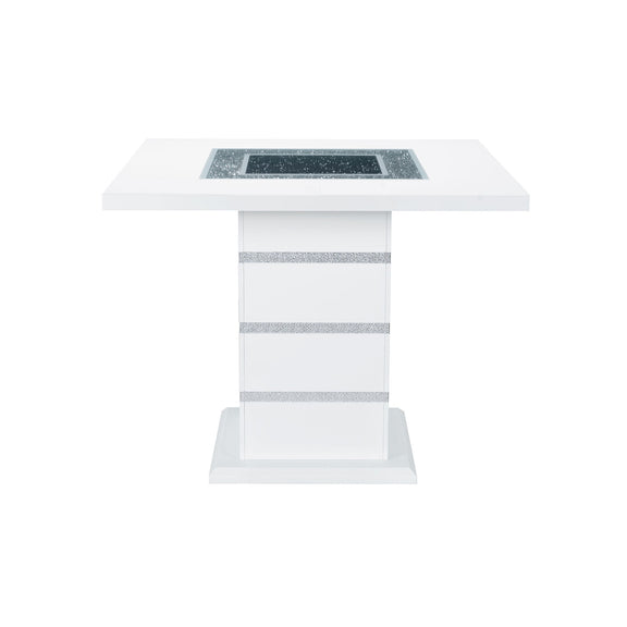 White bar table with striped open-frame base and built-in stone-look top