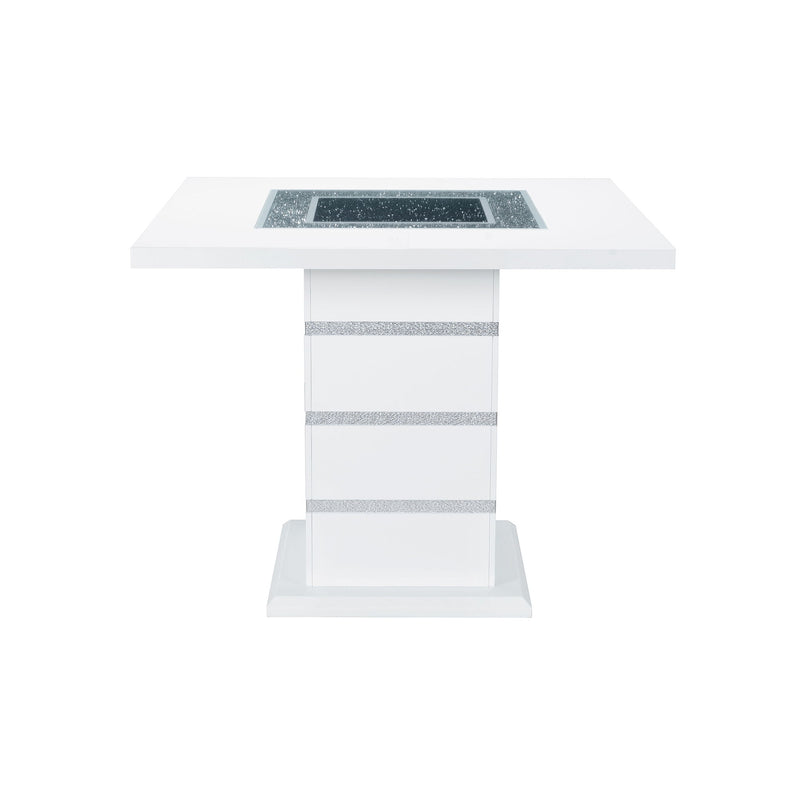 White bar table with striped open-frame base and built-in stone-look top