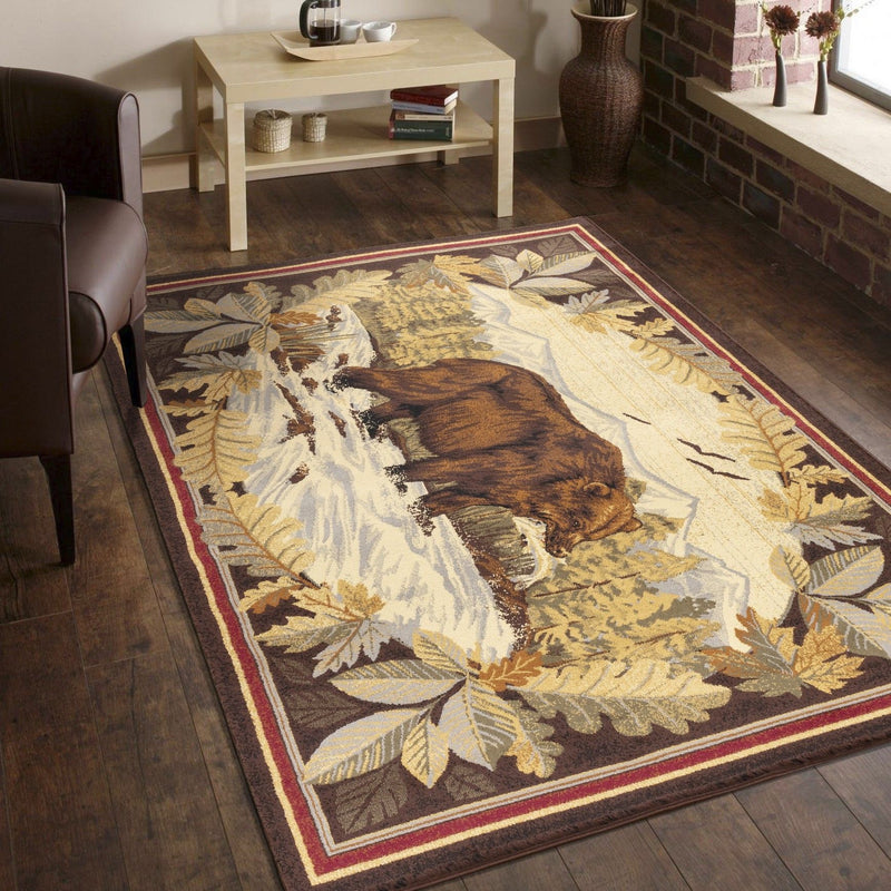 Lodge area rug featuring bear and deer with leaf pattern, cream ground and dark brown border