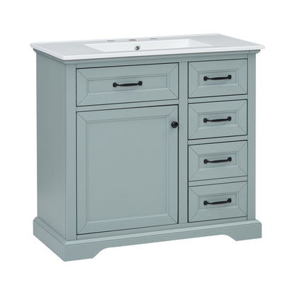 Gray bathroom vanity with white sink and cabinet door, four drawers on right, black pulls
