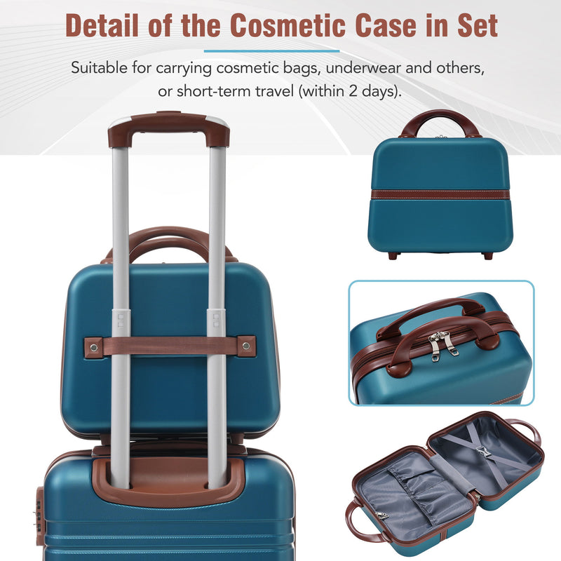 Cosmetic case set detail: blue hardshell case with brown handle, shown with divider