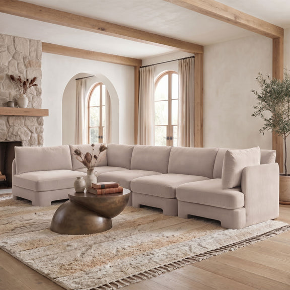 Light beige velvet L-shaped sectional sofa with chaise and deep seat cushions